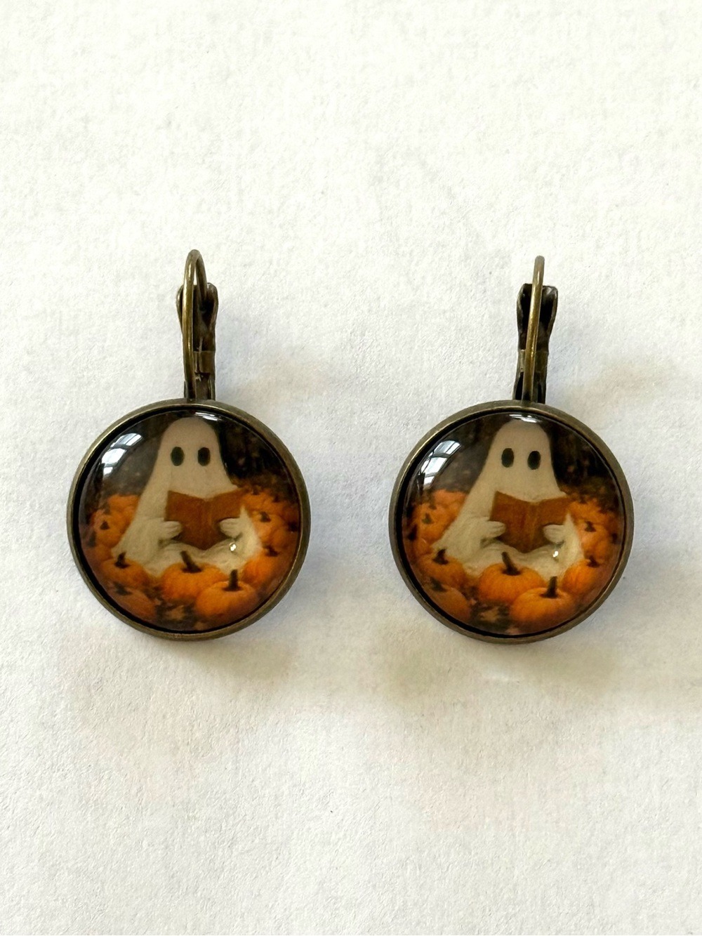 Ghost Pumpkin Halloween Dangle Earrings Orange Black & White New